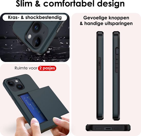 Coque adaptée pour iPhone 15 Plus, porte-cartes, coque rigide avec 2 films de protection d'écran, résistante aux chocs, coque rigide avec porte-cartes – Bleu foncé