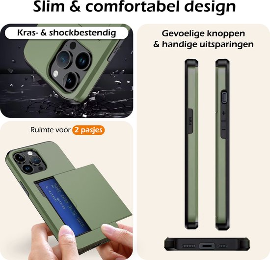 Hoesje Geschikt voor iPhone 14 Pro Max Hoesje Pasjeshouder Shockproof Hard Case Met Screenprotector - Hoesje Geschikt voor iPhone 14 Pro Max Hoes Met Kaarthouder - Donkergroen