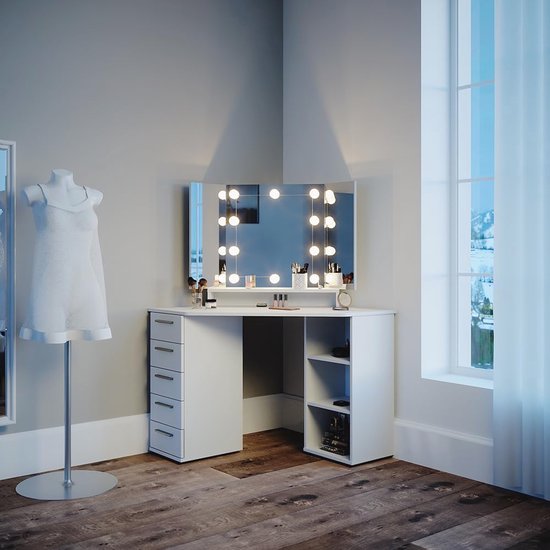 COSTWAY Make-uptafel met verlichting, kaptafel met laadstation, spiegel, laden, planken en inklapbaar tafelblad, kruk met opbergruimte, make-uptafel voor kleine ruimtes, wit
