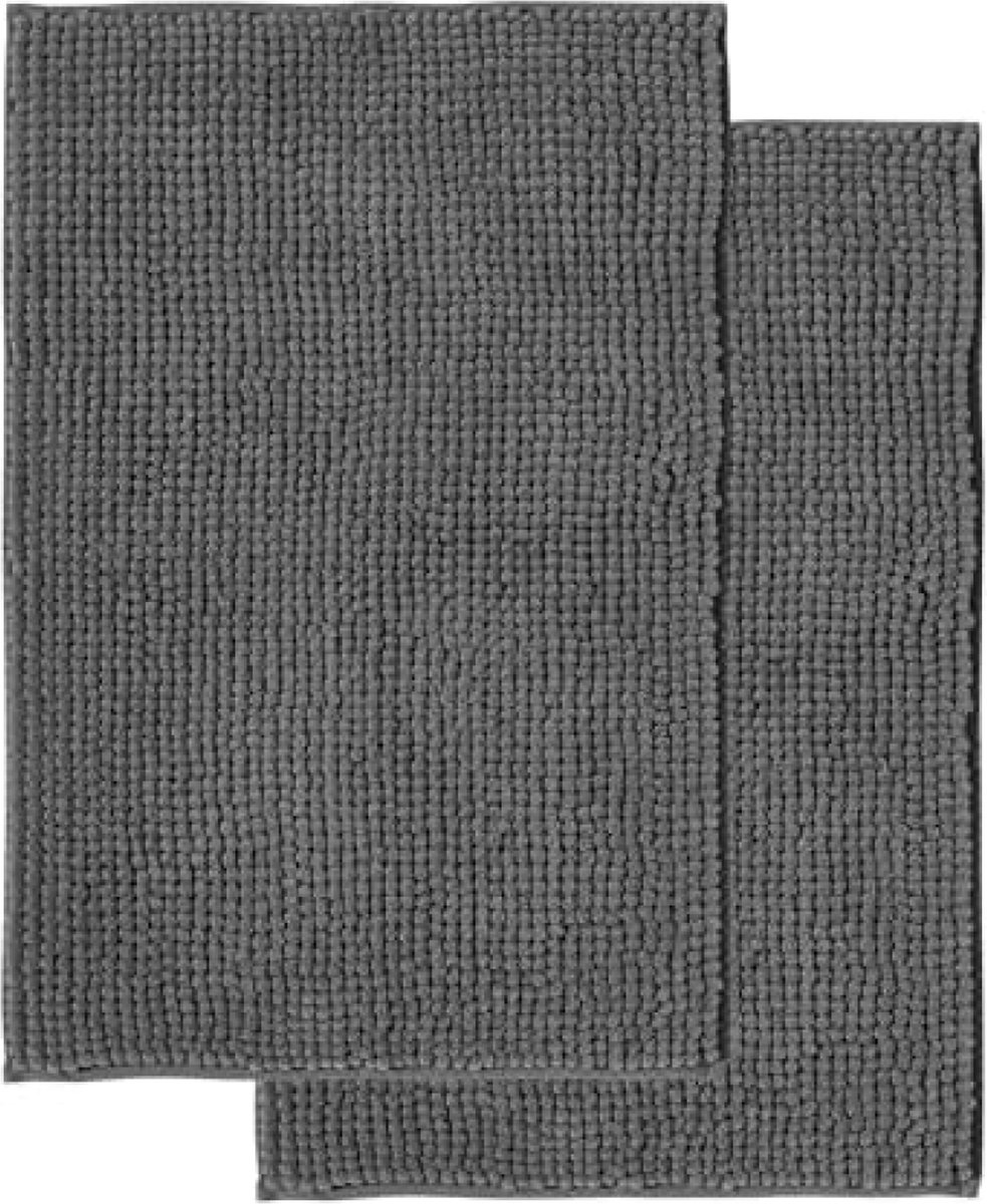 Badmat Anti-Slip van Zachte Chenille | Super Absorberend en Machinewasbaar | Voor Badkamer, Douche, Bad of WC | Donker Grijs - 50x80 cm (2 St)