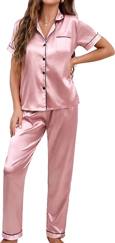 Boncy® Set Pyjama Femme Satin Rose - Pyjama Vêtements de nuit Adultes - Pantalon Pyjama Fille - Taille L