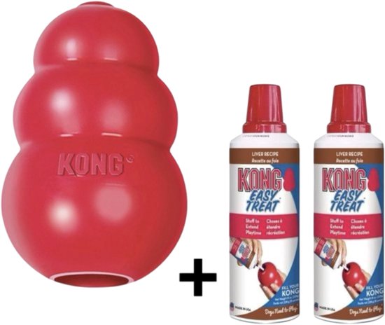 Rood klassiek rubberen KONG-speeltje met twee spuitbussen KONG Easy Treat lever-hondensnack.