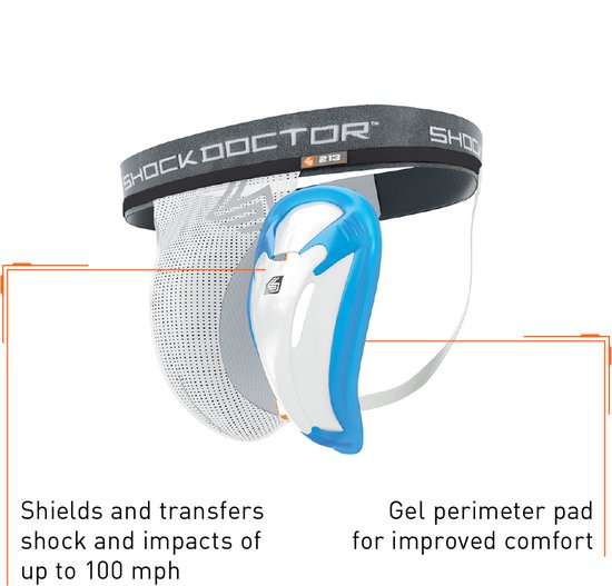 Witte sportbroek met grijs 'Shock Doctor' band. Het schild is wit met blauwe rand. Tekst in beeld: 'Shields and transfers shock and impacts of up to 100 mph', 'Gel perimeter pad for improved comfort'.