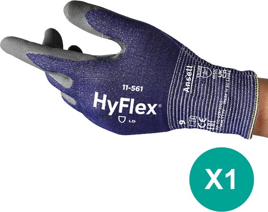 Hand in een blauwe HyFlex werkhandschoen met grijze vingertoppen en een elastische polsband.