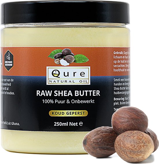Pot met gele Qure Natural Oil Raw Shea Butter, 250ml, met kariténoten.