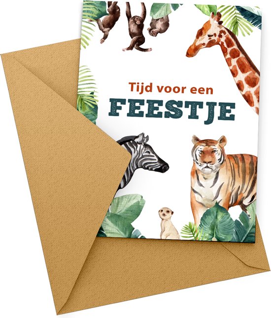 Uitnodiging Kinderfeestje + Enveloppen 10 stuks - Thema Dieren - Beschrijfbaar - Uitnodiging verjaardag - Jongen of meisje - Uitnodigingskaarten - kraft envelop - Verjaardag Feest
