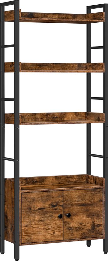 Hoobro Kast - Boekenkast - Woonkamerkast - 4 Lagen - Met 2 Gesloten kastjes - Met beschermende rails - Hout - Industrieel