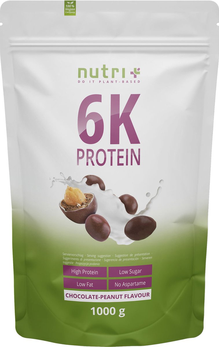 Goedkoopste nutri 6K Protein - Eiwitpoeder Chocolate Peanut - Veganistisch proteïnepoeder - met eiwitten uit zes plantaardige grondstoffen - Eiwit Shake - 1000 g