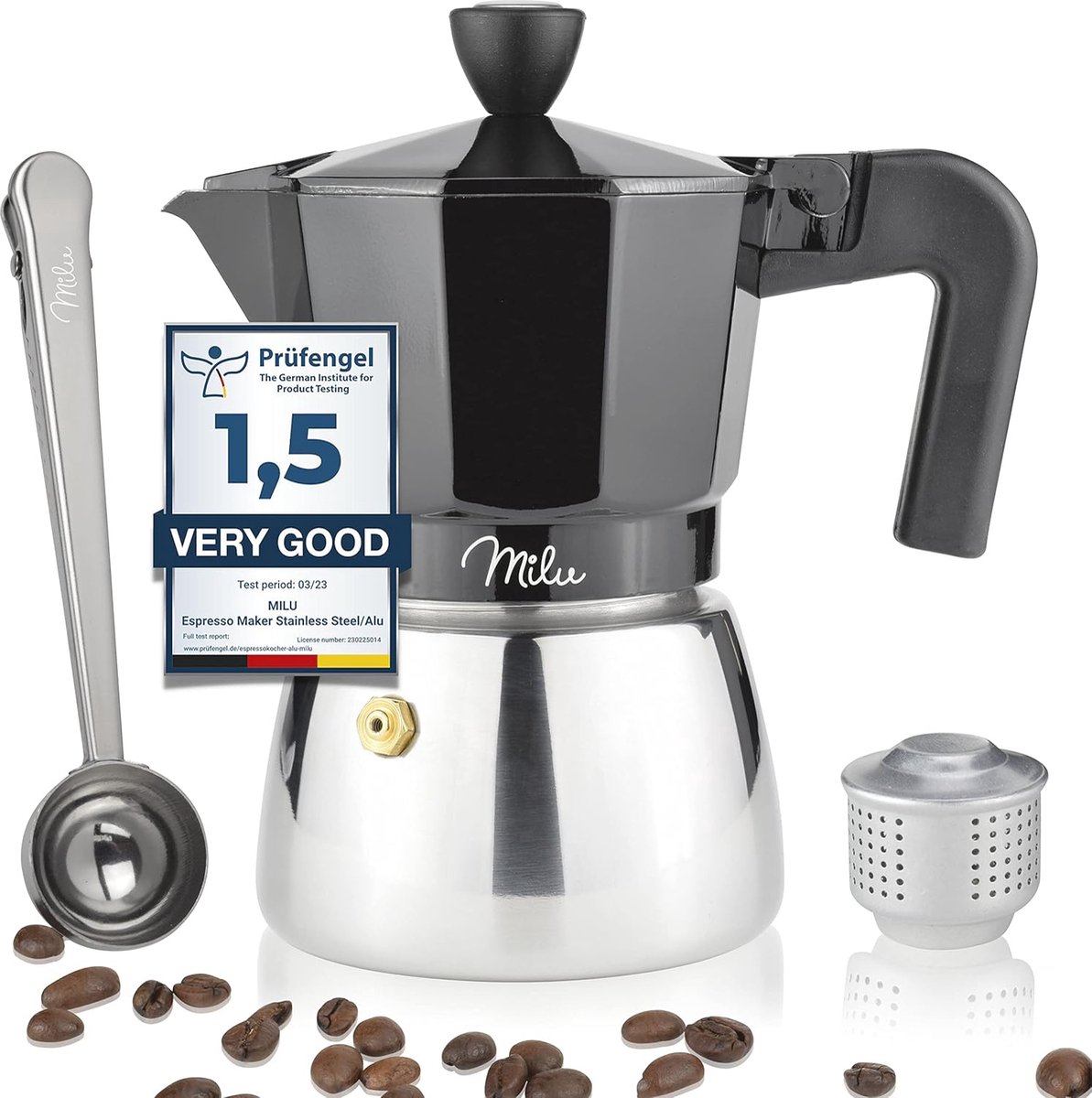 Espressomachine voor 3, 6 en 9 kopjes - Aluminium Mokkakan en Roestvrijstalen Set met Koffielepel en Borstel