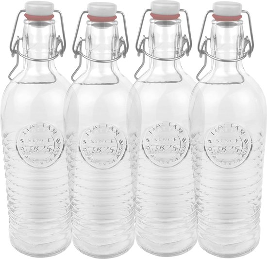 Bormioli Set Van 4 Glazen Flessen Officina 1825 - Met Reliëf En Ribbels Italiaanse Kwaliteit Ideaal Voor Inmaken Dranken Fermentatie Decoratie 540621mba321990 Transparant