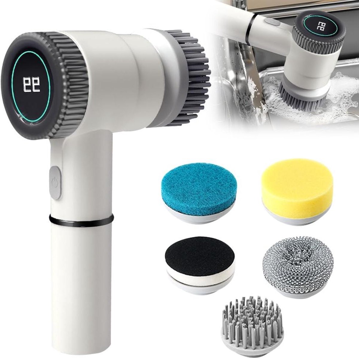 Goedkoopste Elektrische Reinigingsborstel Power Spin Scrubber - Badkuip Tegels Keukenspoelbak - 5 Borstelkoppen 3 Modi LED-display