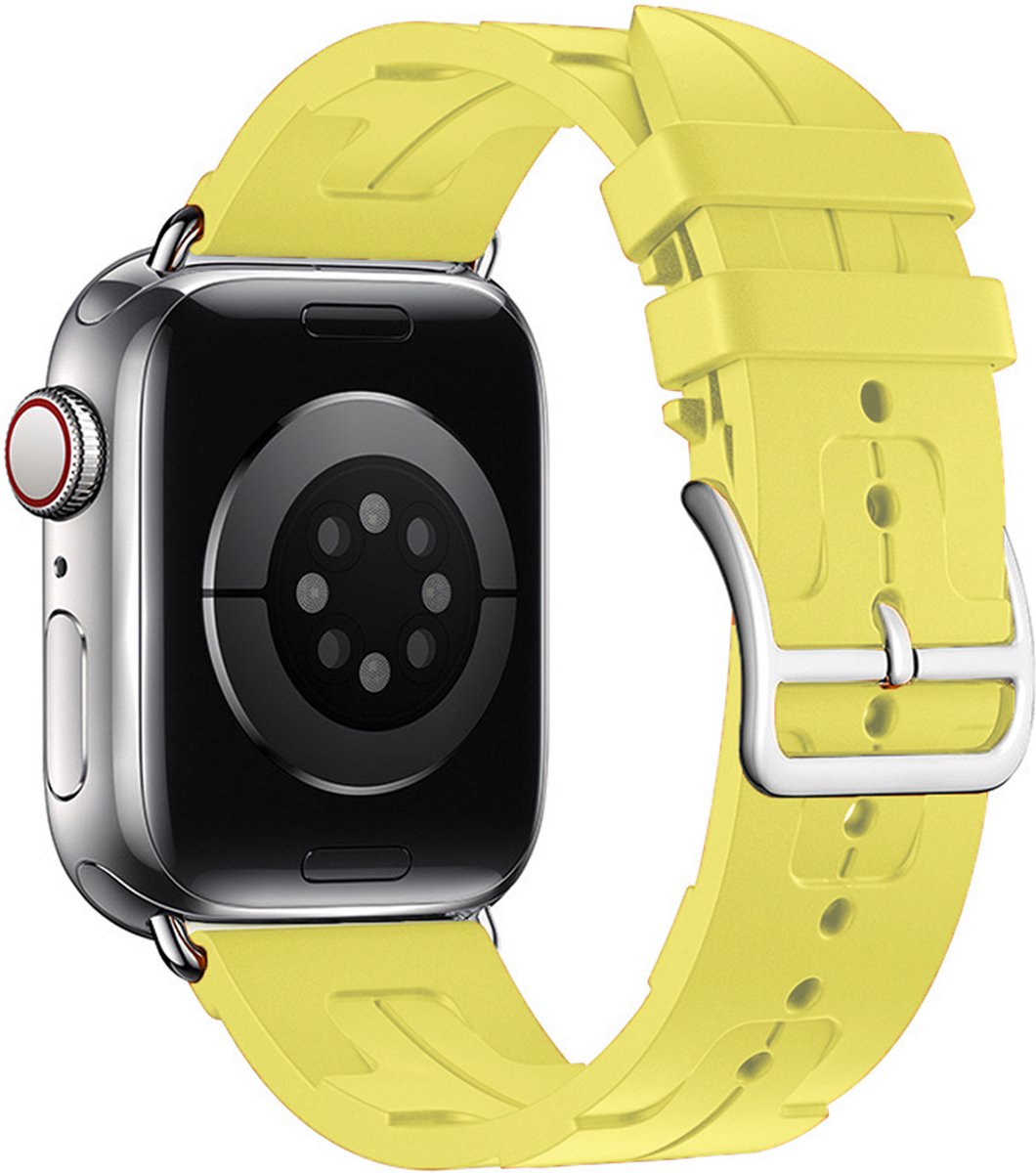 Stravo Modieus Siliconen Bandje – Geschikt voor Apple Watch 46mm (Series 10/11), 45mm (Series 7/8/9), 44mm (Series 4/5/6, SE 1/2/3), 42mm (Series 1/2/3), 49mm (Ultra 1/2/3) – Sportief Horlogebandje – Rugged Apple Watch bandje – Geel