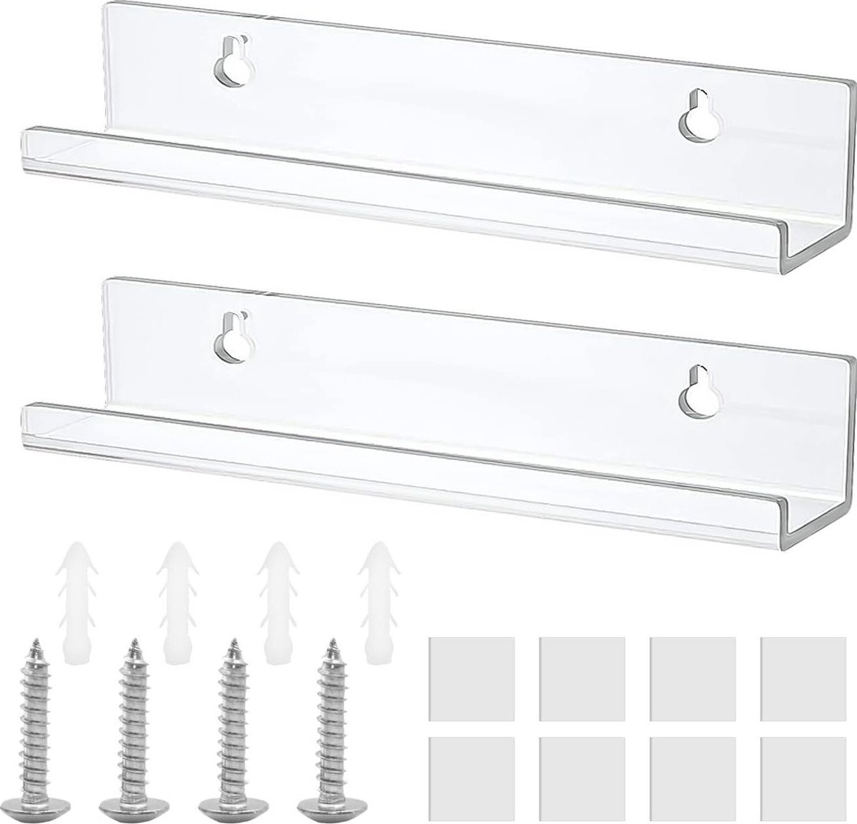 Zwevende scheidingswanden - Acrylplanken - Muur gemonteerd - Zelfklevend - Opbergrekken - Productpresentatie - Slaapkamer woonkamer badkamer kantoor. Opbergrek