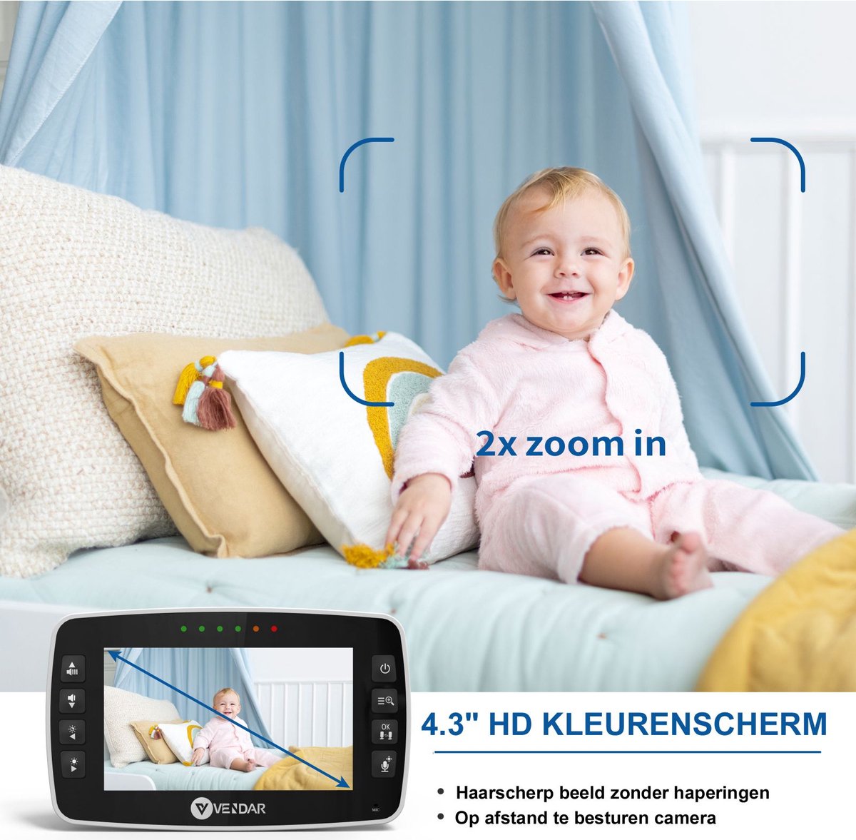 Afbeelding 2 van Vendar® Babyfoon PRO - Babyfoon met camera - Nachtzicht & Zoom - Op afstand bestuurbaar - Video & Audio - ECO Mode - Baby monitor 4.3 Inch
