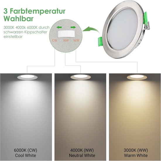 Inbouwspot led, dimbaar, 5 W, zwart, vlak, 230 V, IP44, plafondspots, 45° draaibaar, inbouwverlichting, 68-80 mm inbouwdiameter, warmwit, neutraal wit, koudwit, inbouwspots voor badkamer, keuken, set