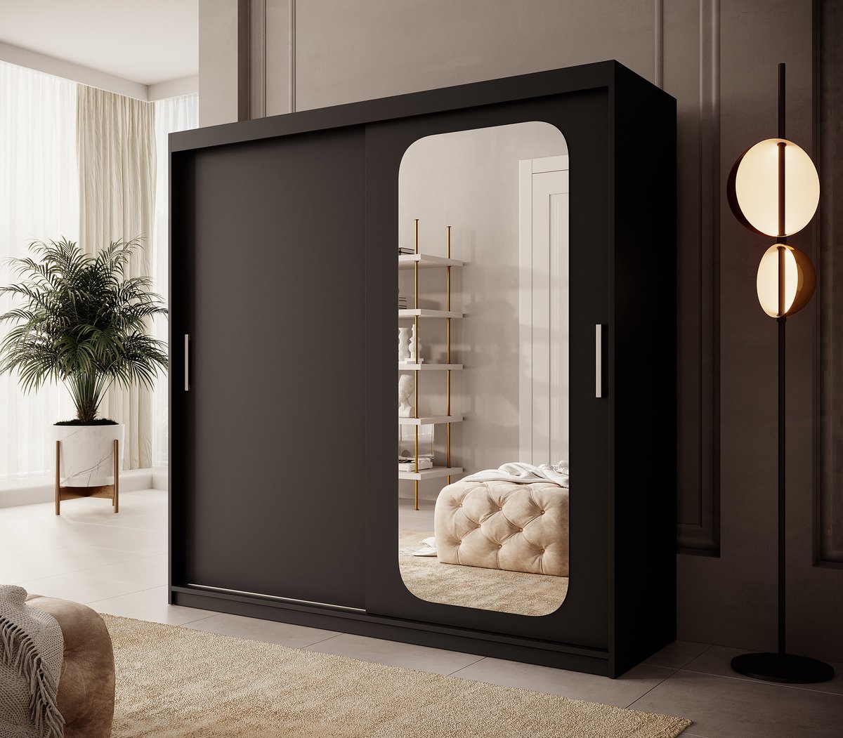 Meubella - Kledingkast Pete - Zwart - 200 cm - Met spiegel