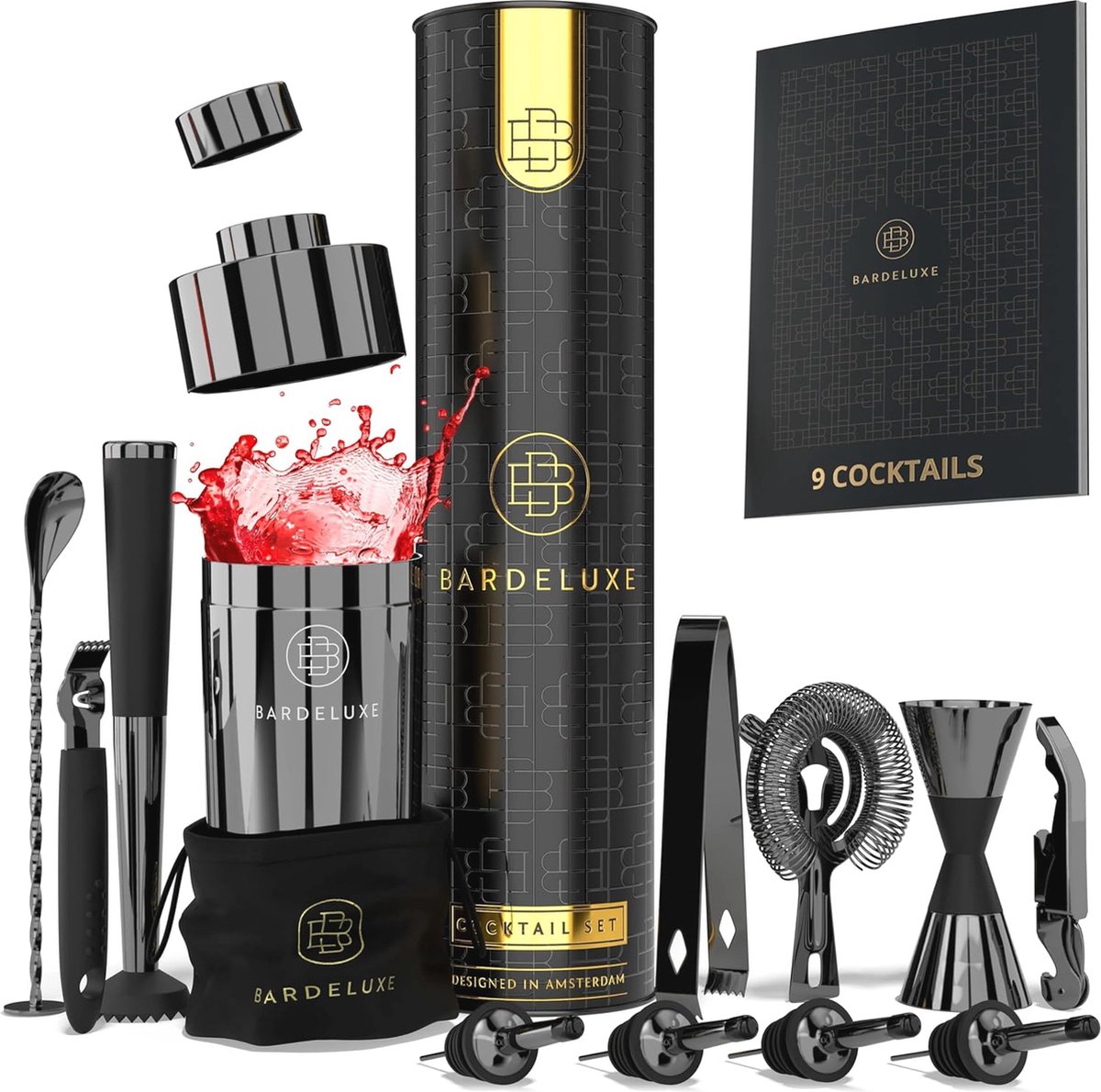 Cocktailset 12-delig met roestvrijstalen shaker en luxe accessoires