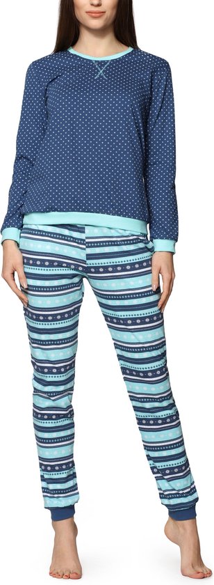 Pyjama bleu à pois avec pantalon turquoise à rayures et flocons de neige.