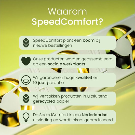 Lijst met voordelen van SpeedComfort: boom planten, sociale werkplaats, kwaliteit, 10 jaar garantie, gerecycled papier, Nederlandse uitvinding.