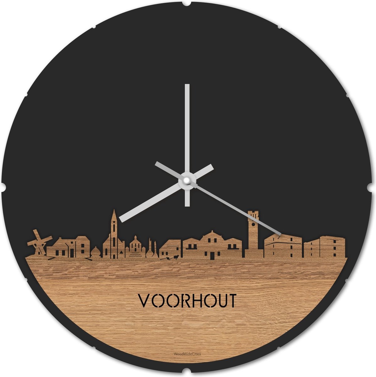 Skyline Klok Rond Voorhout Eikenhout - Ø 44 cm - Stil uurwerk - Wanddecoratie - Meer steden beschikbaar - Woonkamer idee - Woondecoratie - City Art - Steden kunst - Cadeau voor hem - Cadeau voor haar - Jubileum - Trouwerij - Housewarming -
