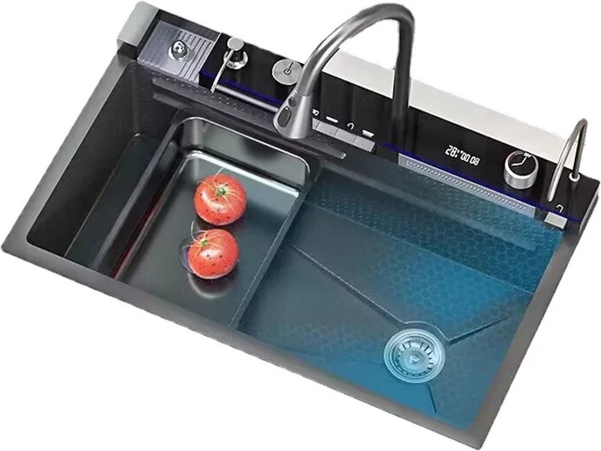 Carlovo Spoelbak - Gootsteen - Luxe Spoelbak - Spoelbak Inclusief Afdruiprek, Snijplank & High-pressure Cupwasher - Multifunctioneel - Digitale Display - 75x46Cm - Zwart