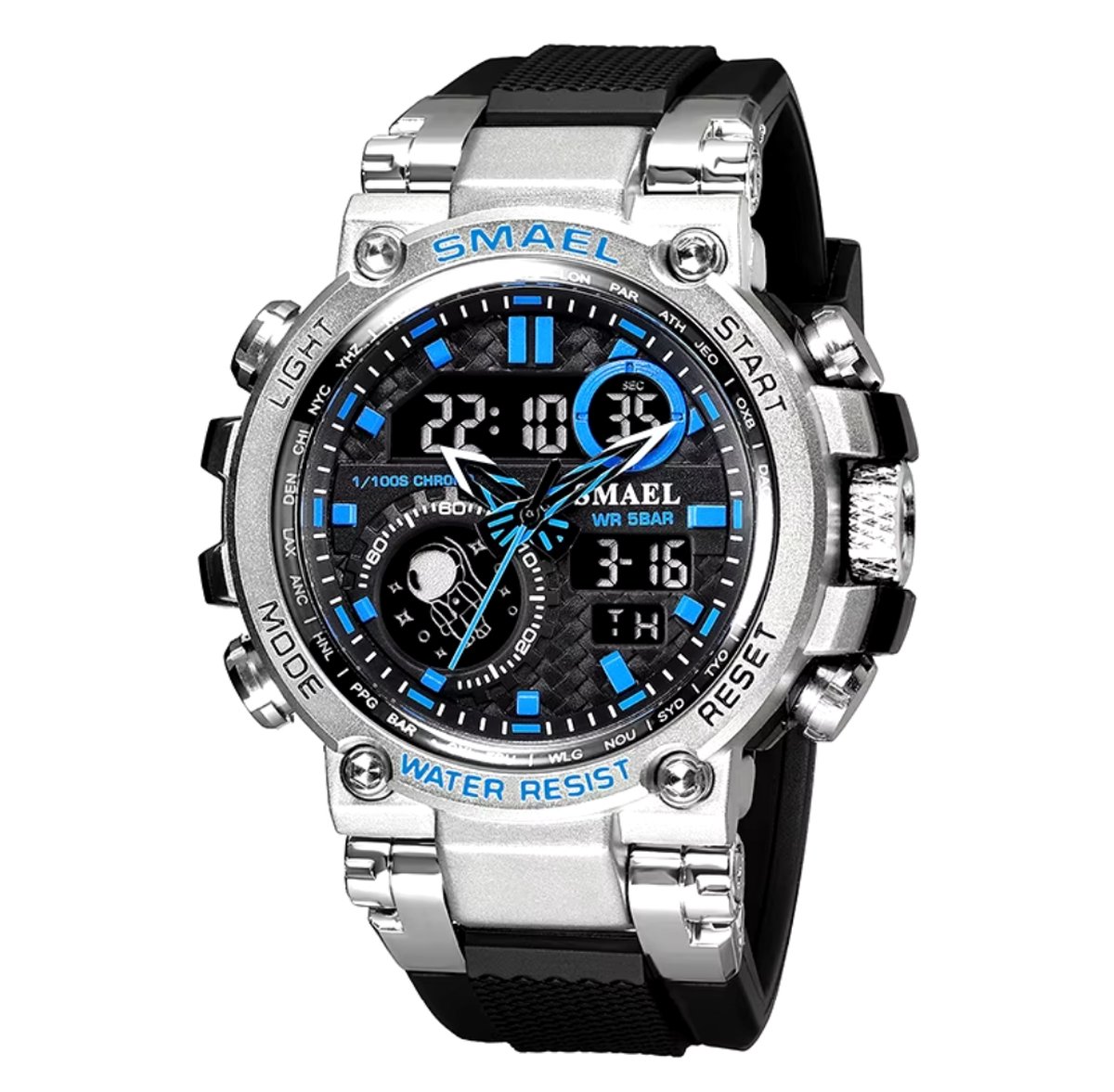 Heren Horloge Zwart met Zilver klok kast- zwarte rubber band | Smael | Waterdicht 50M|Glow in dark | 4020 | Mud Master | Leger | Army | Blauw-Zwart | Grof | Licht | Rubberen band | Timer | Eyecatcher | Master| Cadeau | BIGBANG | kado|