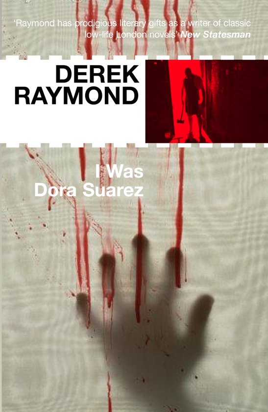 Boekomslag met rode bloedvlekken, een schaduw van een hand en de tekst 'I Was Dora Suarez' en 'Derek Raymond'.