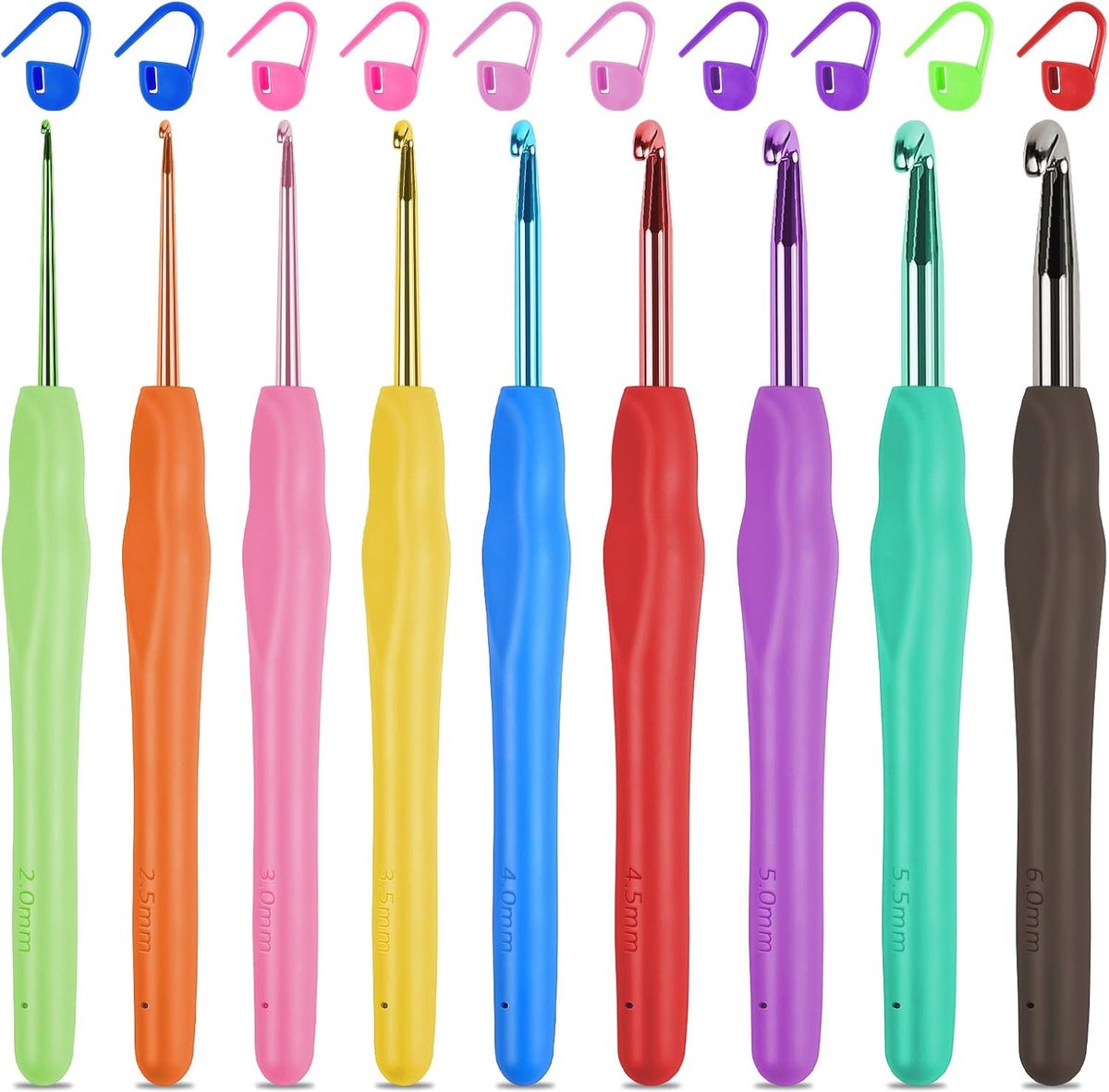 Haaknaaldenset met 9 Stukken en 10 Stekenmarkeringen - Ergonomische Aluminium Haaknaald voor Beginners en Gevorderden