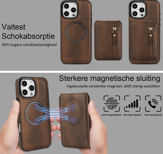 FFO2World MagSafe Étui portefeuille iPhone 16 Pro avec porte-cartes – Étui à rabat 2 en 1 amovible en cuir PU avec Protection RFID et béquille, compatible avec MagSafe – Marron
