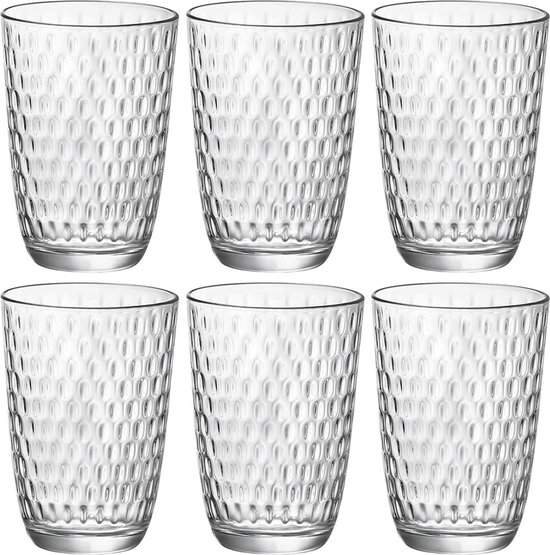 Six verres à boire transparents avec structure en relief.