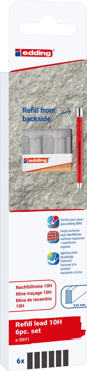 edding 8891 navulling in 10H hardheid - 6 navullingen voor edding 8890 mechanisch timmermanspotlood - geschikt voor harde, ruwe oppervlakken - geleverd in kartonnen verpakking