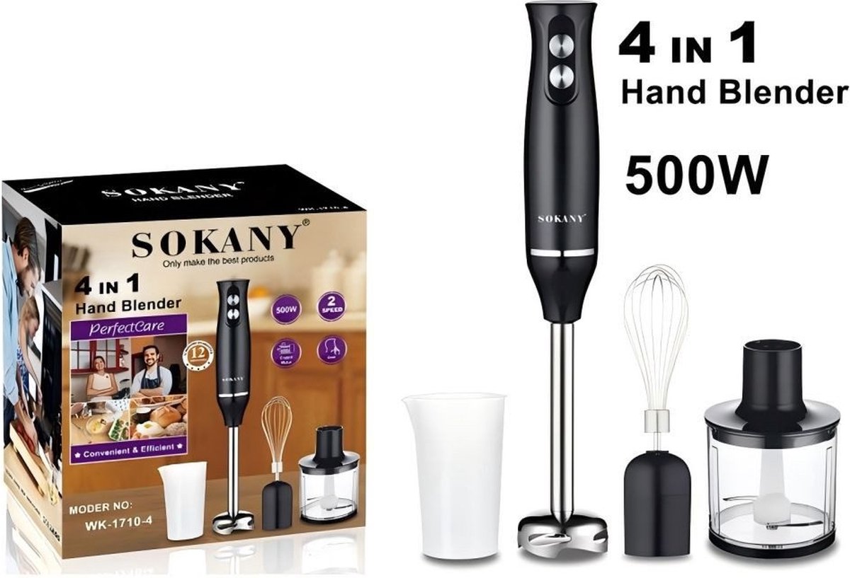 Ophy Staafmixer 4-in-1 Multifunctionele Staafmixer 500W 2 Snelheden met Blenderbeker Eierklopper Keukenmachine Zwart
