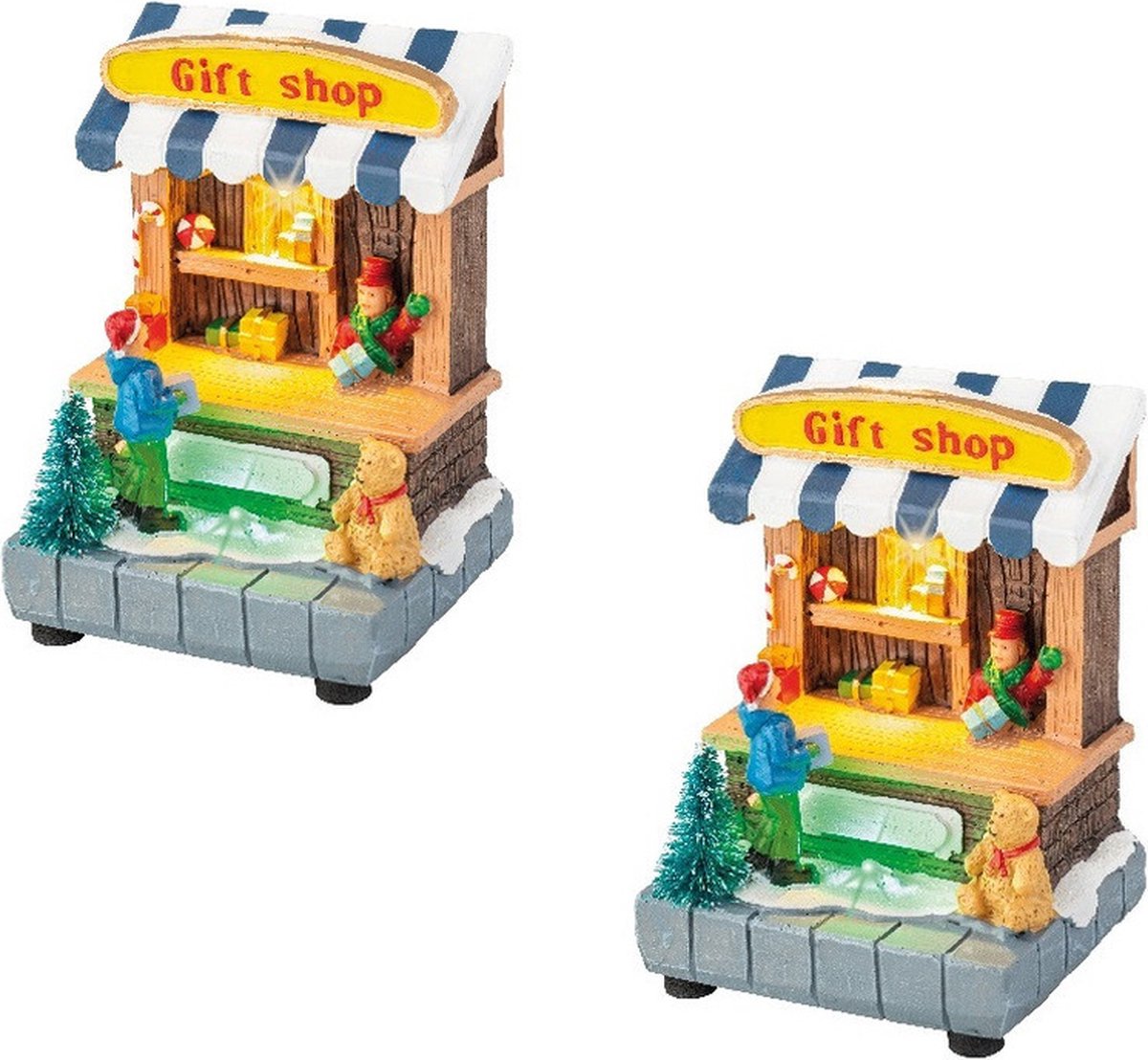 Kerstdorp cadeau winkel en koekjes winkel - verlichting - 11 cm hoog - set van 2 kersthuisjes – foto 2