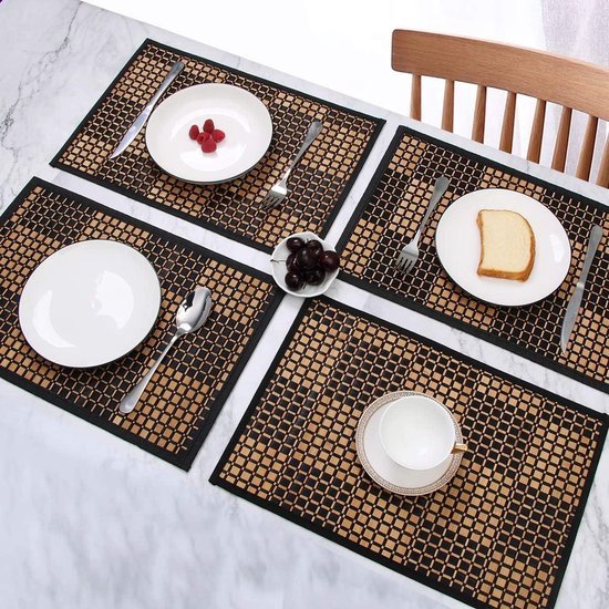 PARENCE Set Van 3 Bamboe Placemats 30x45 Cm - Geweven Tafelbeschermers Zwart Beige Bruin