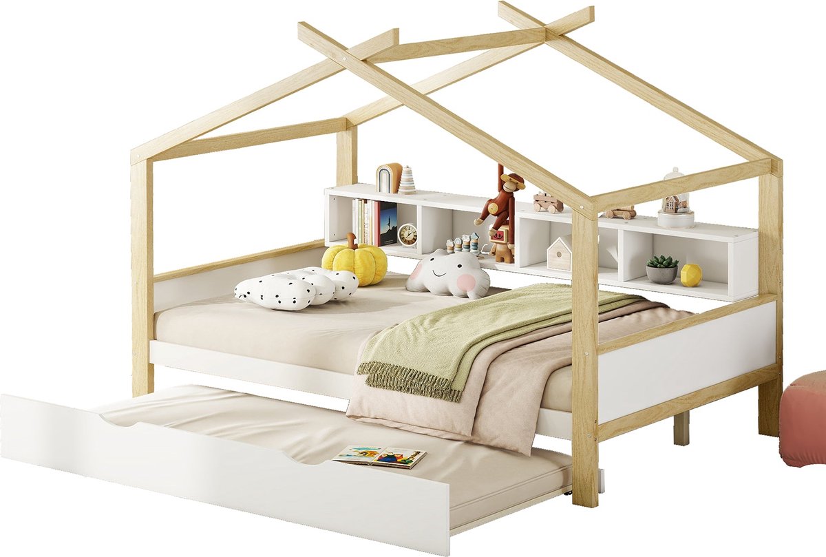 Merax Tweepersoonsbed voor Kinderen 140x200 cm Met Extra Uitschuifbaar Eenpersoonsbed 90x180 cm - Kinderbed in Huisvorm met Opbergruimte - Wit met Naturel Hout Bruin Natuurlijk+Wit