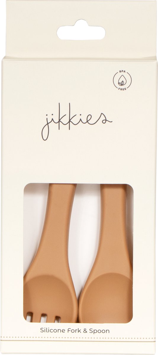 Jikkies® - Siliconen Kinderbestek Set - Peuter Bestek - Lepel & Vork - Taupe - Veilig - Getest op EN-norm - Duurzaam - Kindvriendelijk - 100% Siliconen - Vaatwasserbestendig - Magnetronbestendig - Oefenbestek - Ergonomisch bestek van Jikkies — afbeelding 2