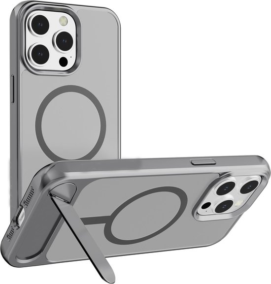 Schokbestendig Harde Pc achterkant / Zachte randen | Geschikt voor: iPhone 12 - Back Cover met standaard | Compatibel met MagSafe - Grijs