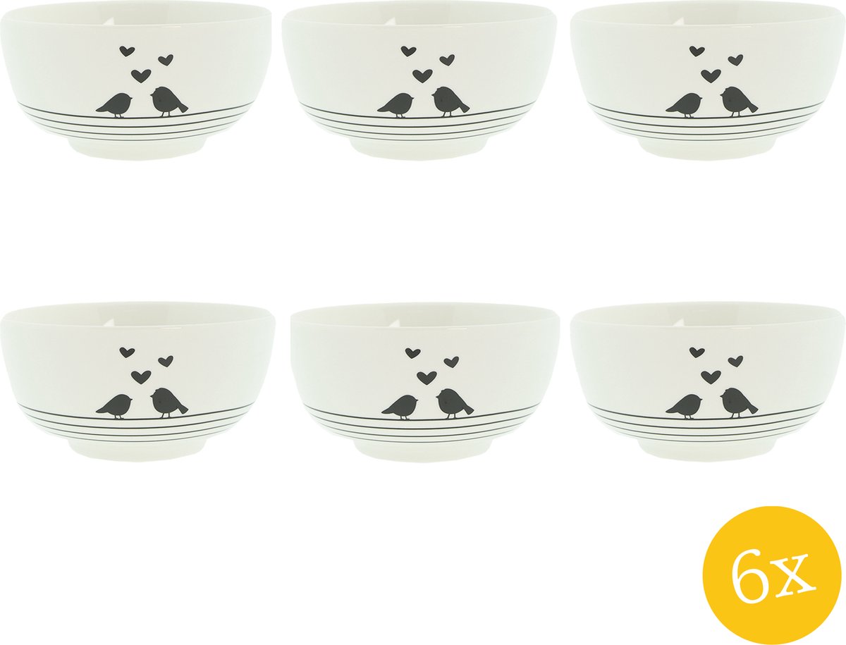 Clayre & Eef Soepkom set van 6 stuks 500 ml Wit Zwart Porselein Harten Vogels Serveerkom
