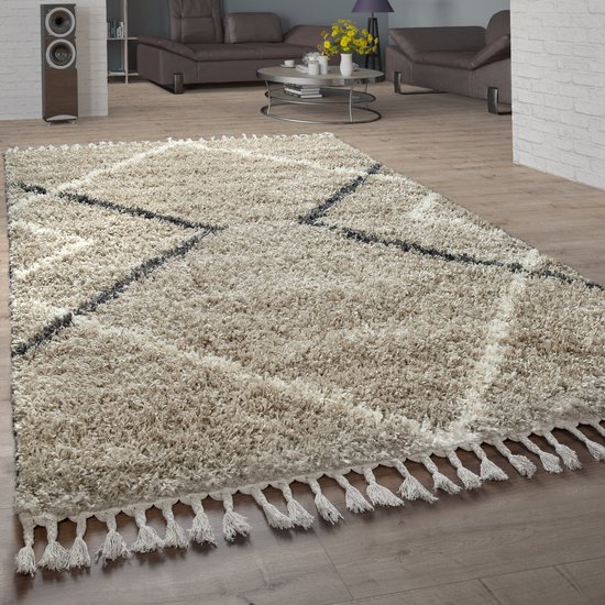 Paco Home Hoogpolig tapijt, zachte shaggy voor de woonkamer in Scandinavische stijl met ruitmotief, Maat:150 cm vierkant, Kleur:Crème