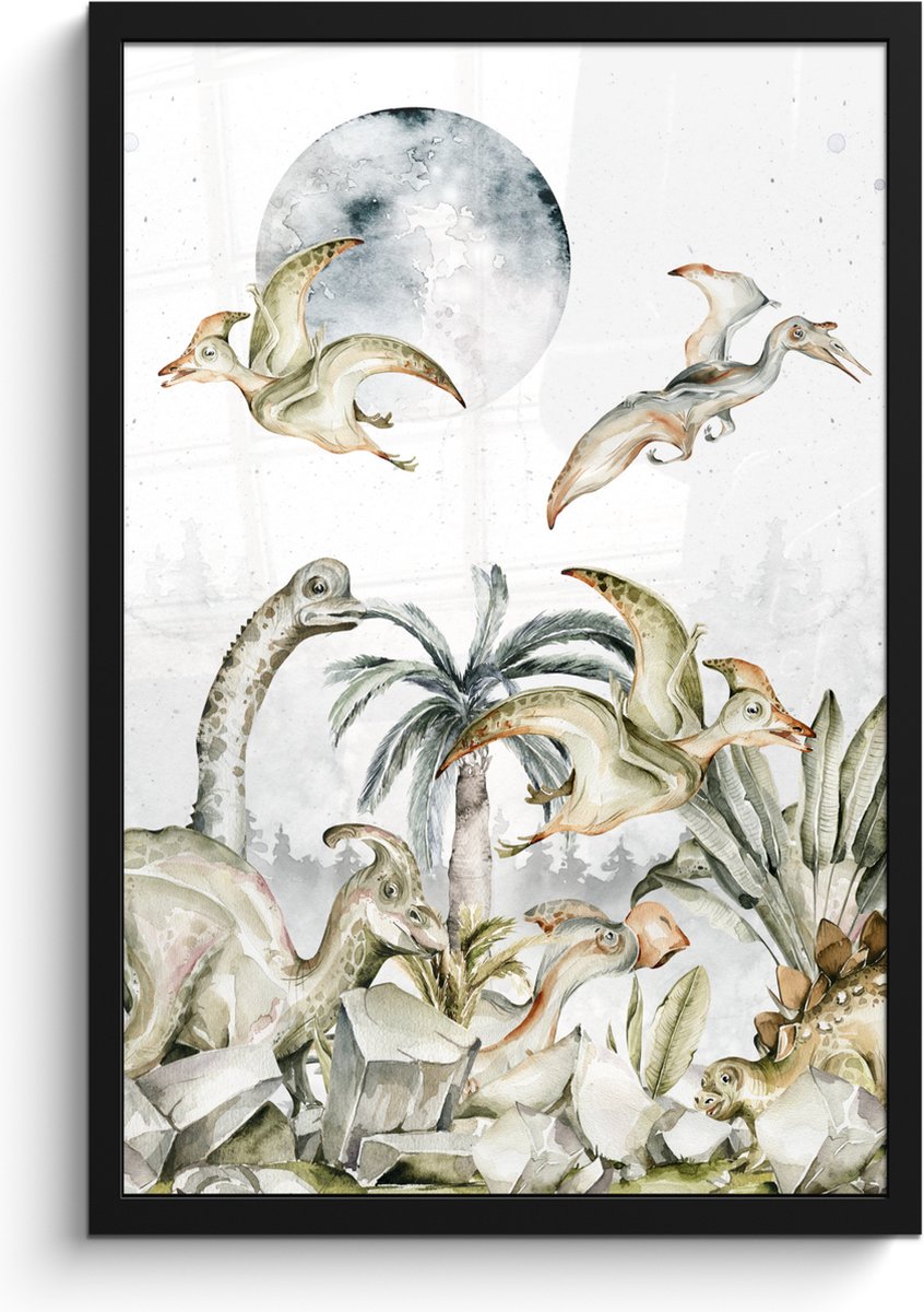 Poster in fotolijst kind - Dinosaurus - Kinderen - Jungle - Groen - Dieren - Natuur - Wanddecoratie jongens - Poster Dinosaurus - 40x60 cm - Schilderij voor kinderen