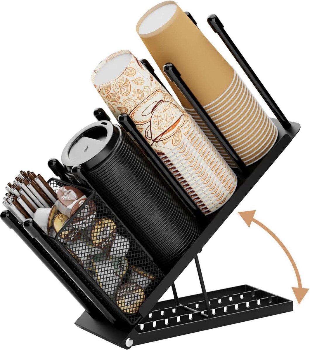 Verstelbare bekerhouder en dekselhouder organizer met dispenser voor wegwerpbekers koffieglazen opbergrek met 4 vakken rietjes en pads mand koffiefeest accessoire van metaal zwart