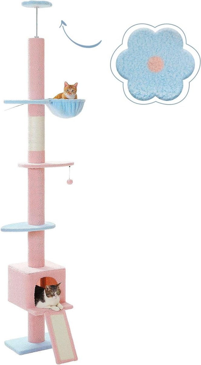 Kattenkast Bloem Krabpaal Hoogte Verstelbaar Activiteitenruimte Hangmat Kattenmandje Antivalriem 5 Niveaus Blauw Roze