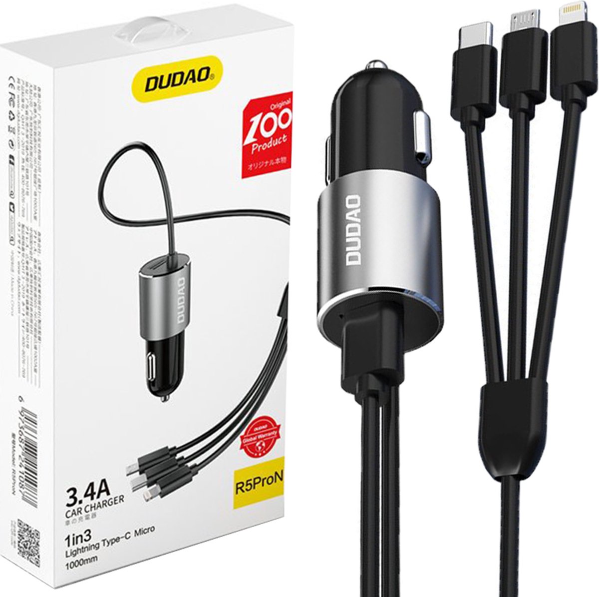 Image of Dudao - 3in1 - USB autolader 3.4 A ingebouwde Lightning / USB Type C / micro-USB-kabel zwart - (R5ProN - zwart)