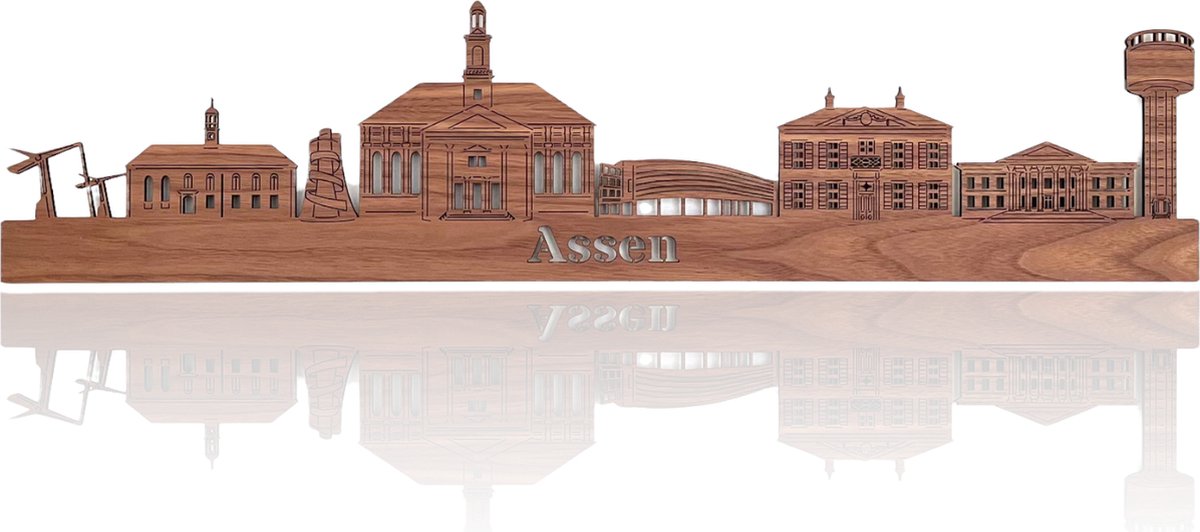 Skyline van Assen - Notenhout - 150cm - Wanddecoratie van hout
