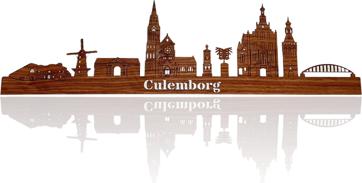 Skyline van Culemborg - Notenhout - 150cm - Wanddecoratie van hout