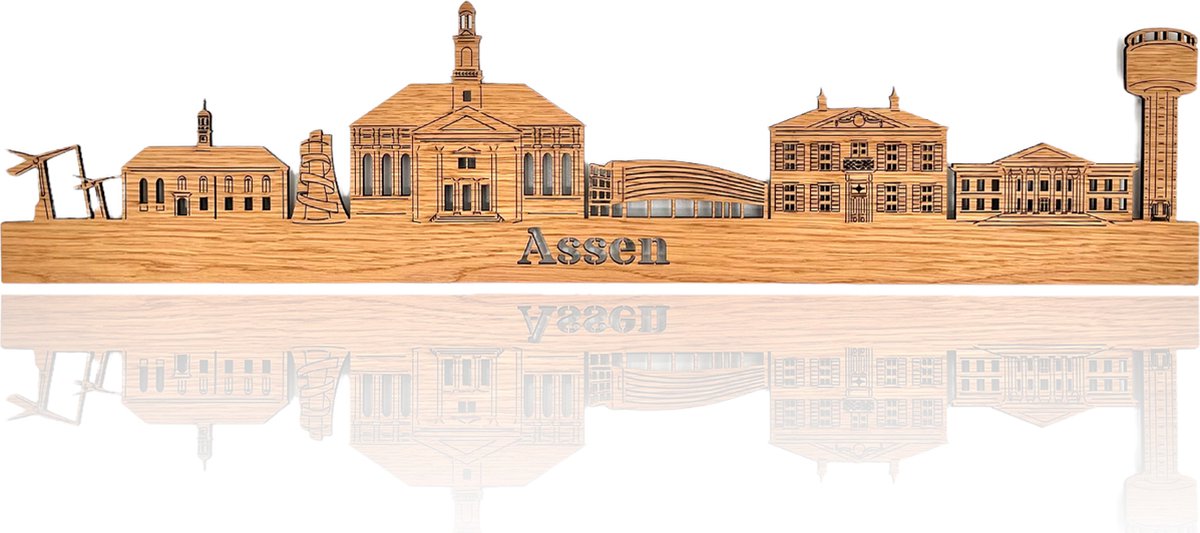 Skyline van Assen - Eikenhout - 150cm - Wanddecoratie van hout