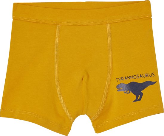 Gele boxer met een donkerblauwe Tyrannosaurus-print rechts.