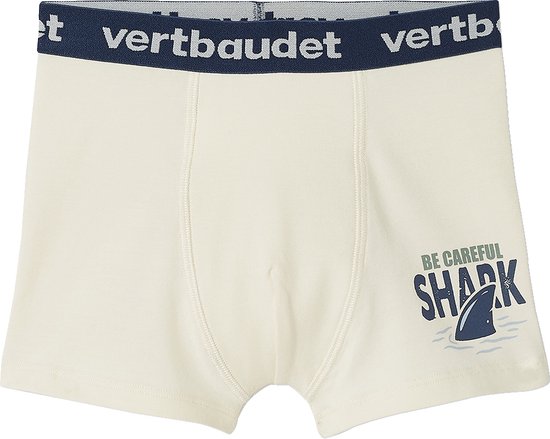 Crème jongensboxershort met opdruk 'Be Careful Shark' en een haaievin.