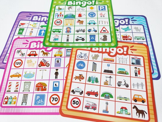 LuukyBB - Autobingo - 5 Herbruikbare Kaarten - Geschikt voor 2 kinderen - Speelgoed Reisspel Set - Reisplezier in de Auto Trein Spellen - Spelletjes Onderweg - Perfect voor (lange) Autovakanties Treinreizen Onderweg - On The Road Bingo