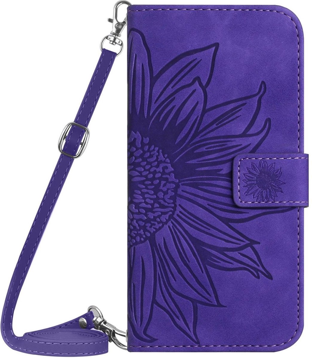 Mobigear Telefoonhoesje geschikt voor Samsung Galaxy A05 Hoesje | Mobigear Sunflower Bookcase Portemonnee | Pasjeshouder voor 3 Pasjes | Telefoonhoesje voor Pinpas / OV Kaart / Rijbewijs - Paars